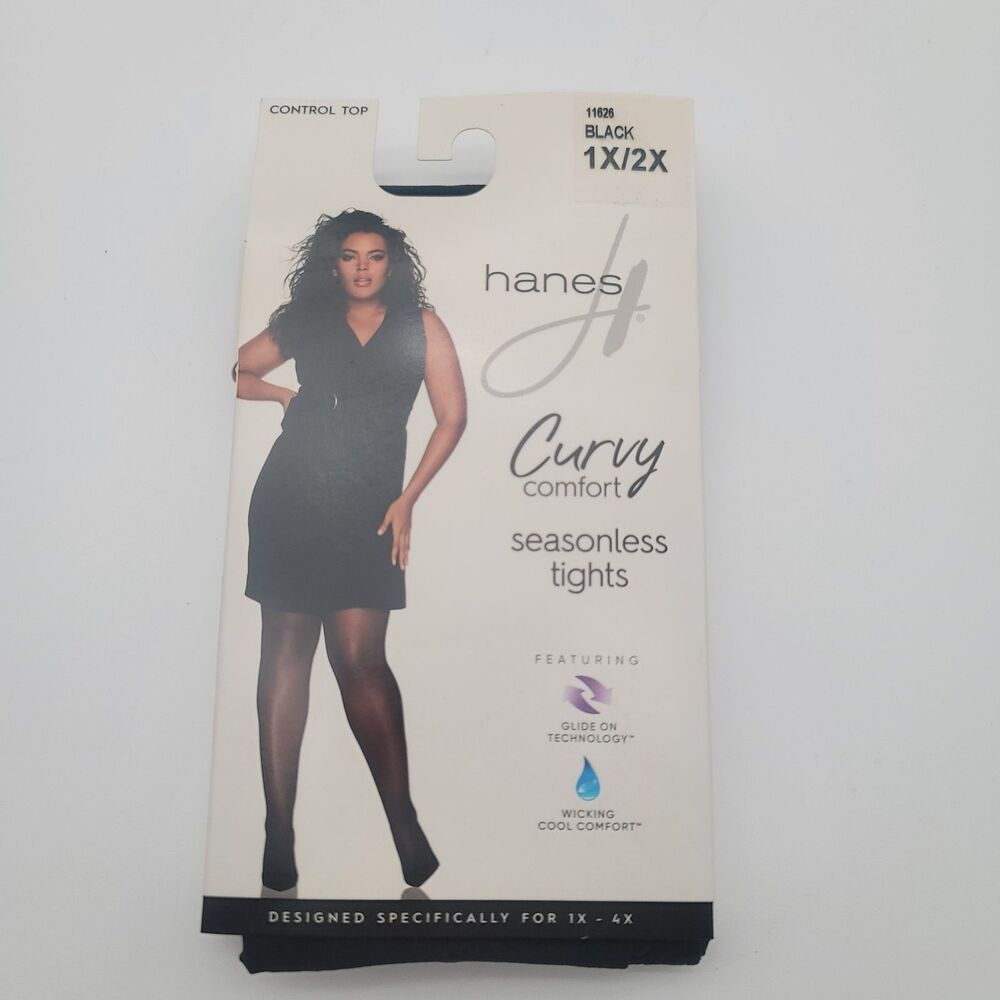 3 Pack Of Hanes Curves Curvy Comfort Seasonless Tights Control Top Black 1X/2X - Picture 2 of 4
